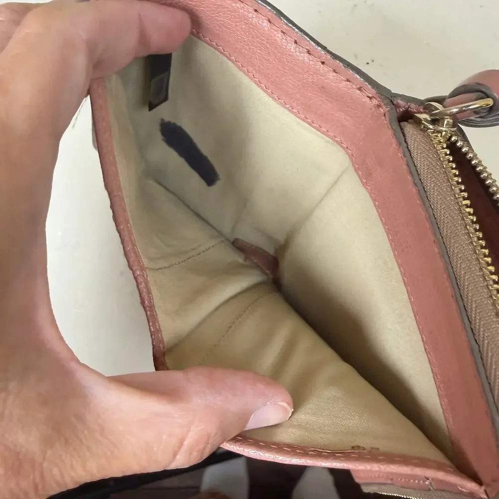Authentic Chloe pink leather compact wallet gold toned plaque zip around closure